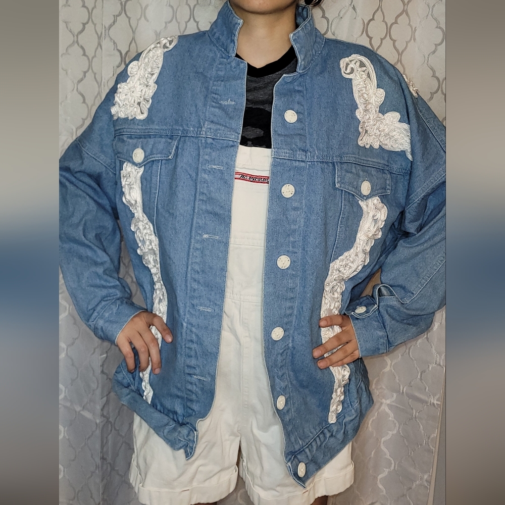 Opal by Hot Property Vintage Oversized Denim Jacket Size M. BLUE AND WHITE